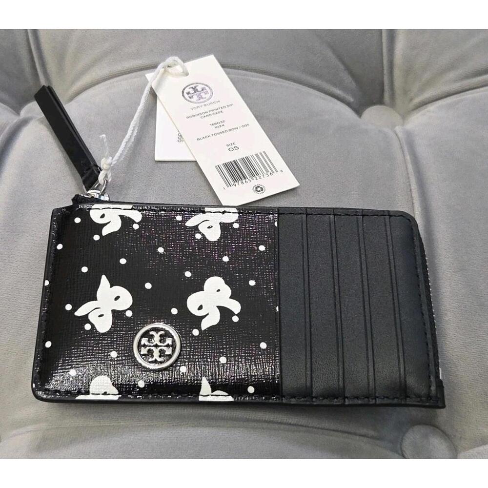 Tory Burch Robinson Black Leather Tossed White Bow Printed Zip Card Case Wallet
